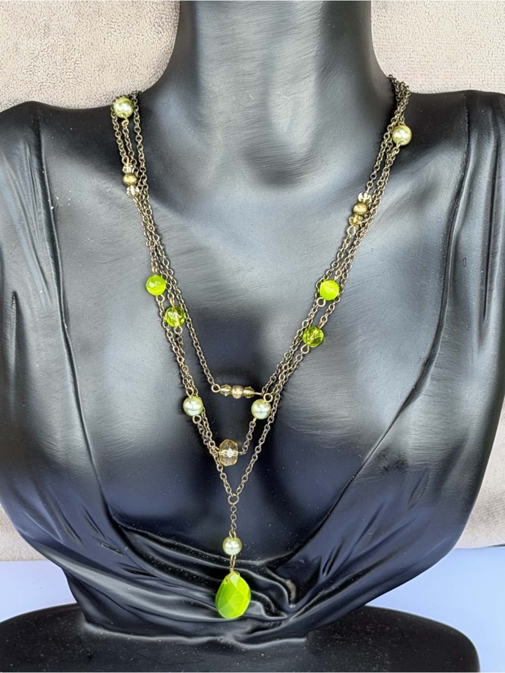 Multi-Strand Green Bead Pendant Necklace